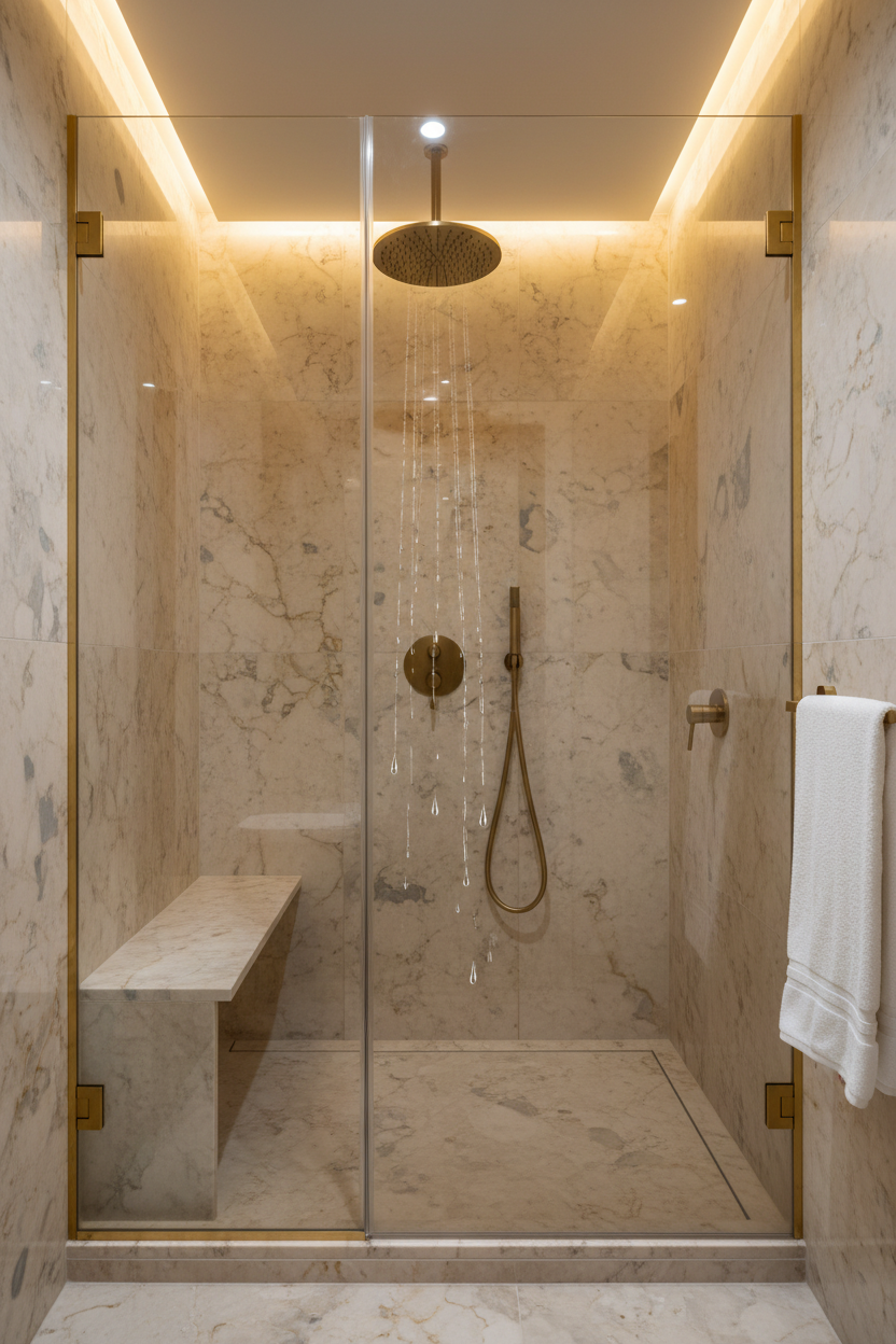 Box doccia di design con marmo e rubinetteria oro